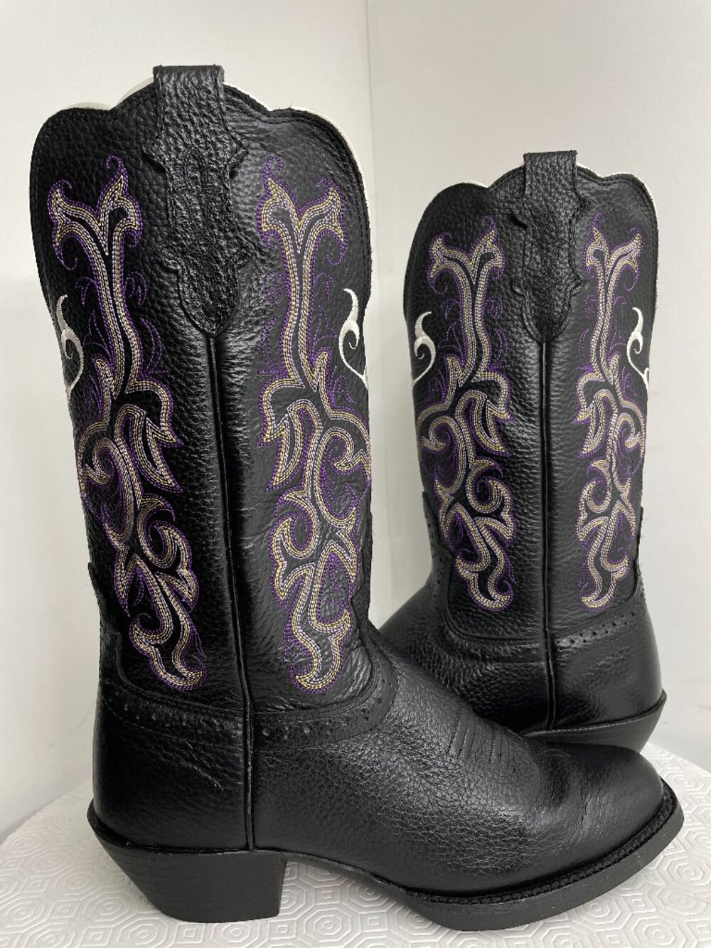 Justin Black Leather Purple Square Toe Western Cowboy Boots Cowgirl Women's 6.5